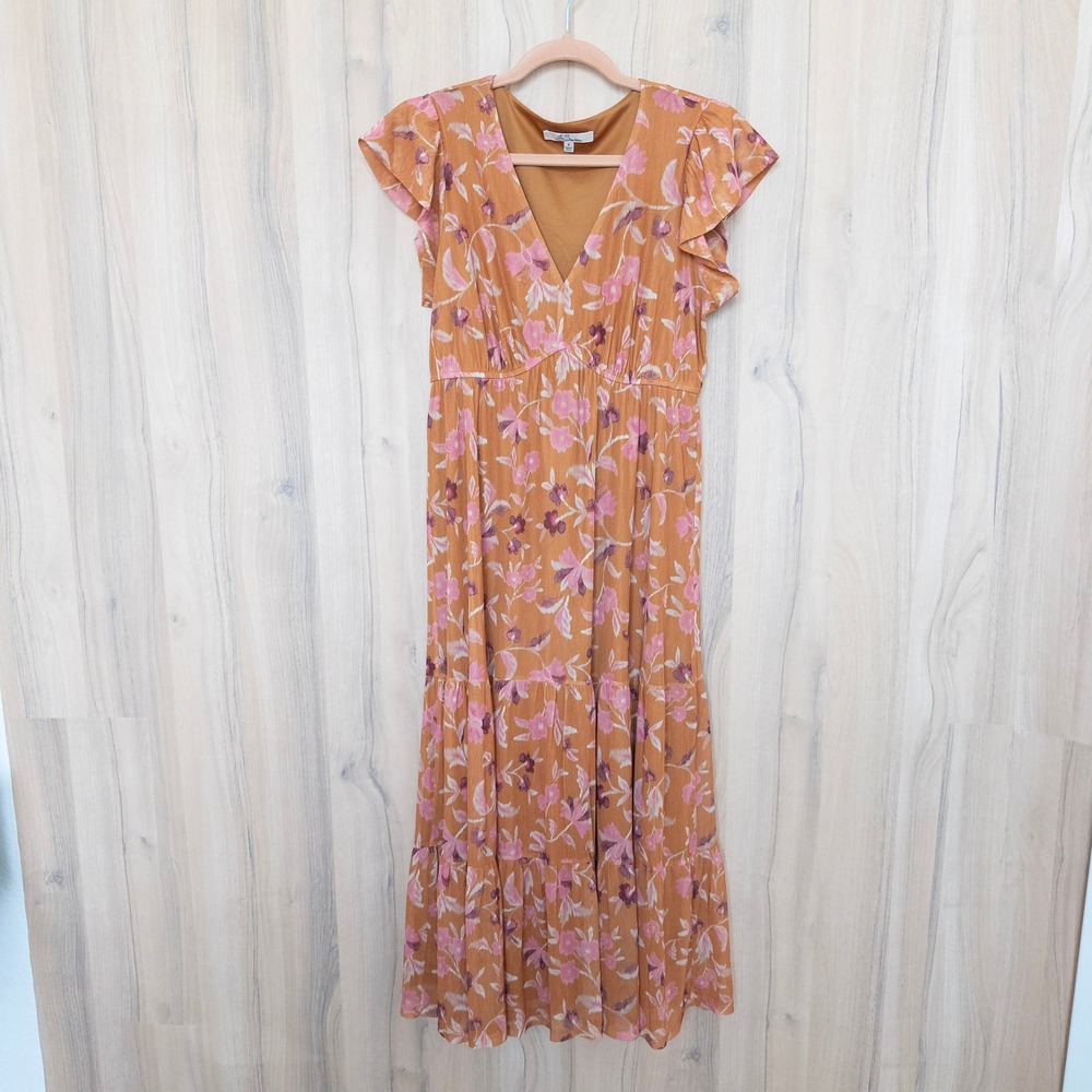 Le Serein Floral Midi Dress S Orange Floral Flutter Sleeve Tiered Romantic Boho
